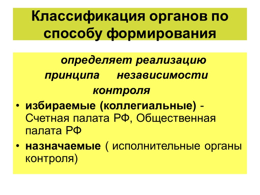 Классификация органов по способу формирования определяет реализацию принципа независимости контроля избираемые (коллегиальные) - Счетная